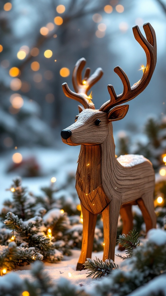 A handmade wooden reindeer surrounded by snow and twinkling lights.