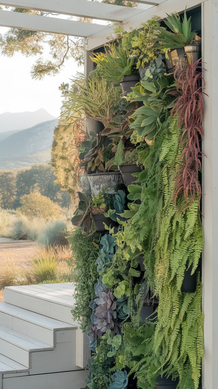 A vibrant vertical planter filled with various plants and greenery.