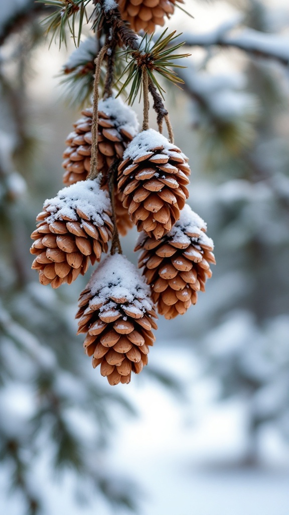 Pine cones covered in snow hanging from a tree branch