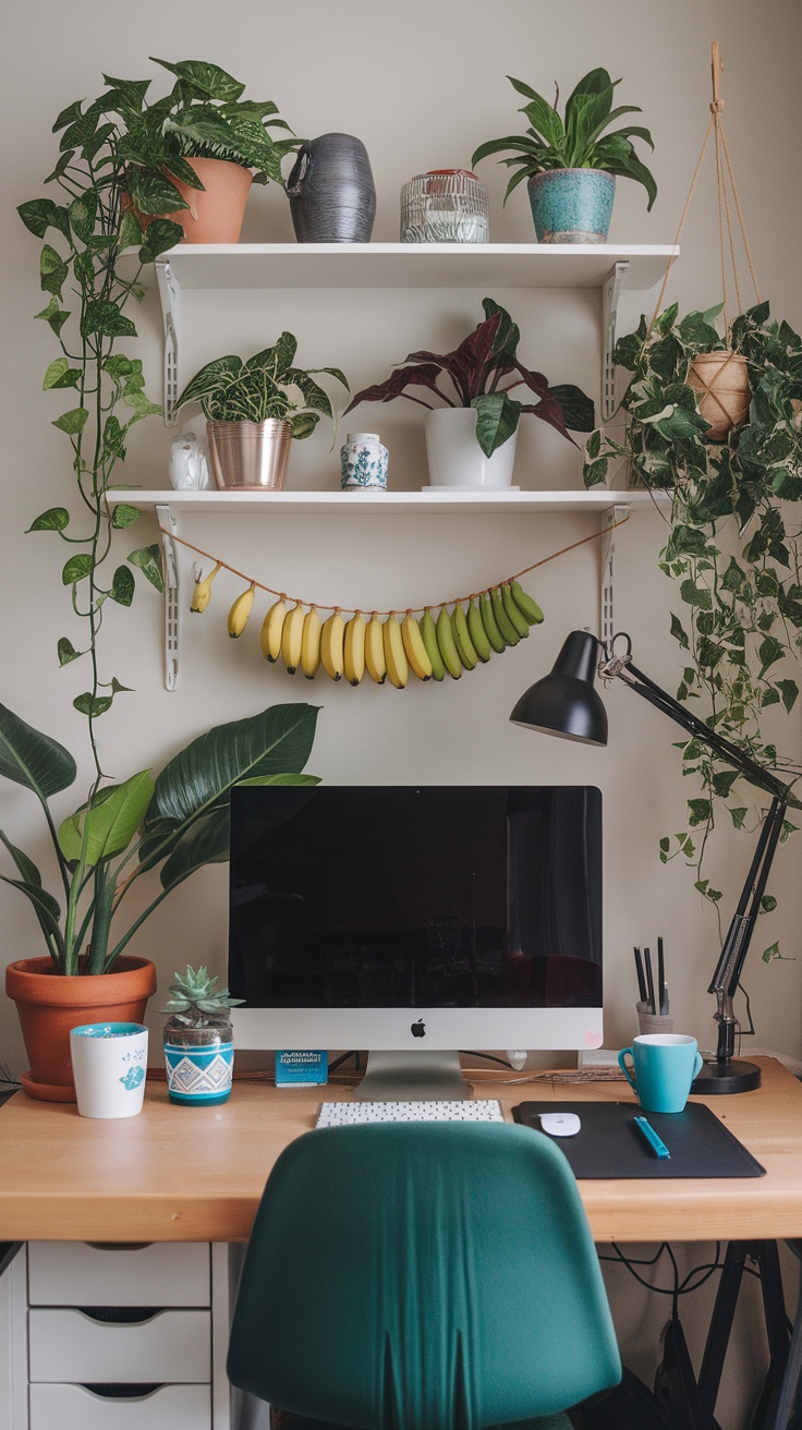 A workspace with a desk, computer, and hanging plants on shelves above, featuring green foliage and decorative items.