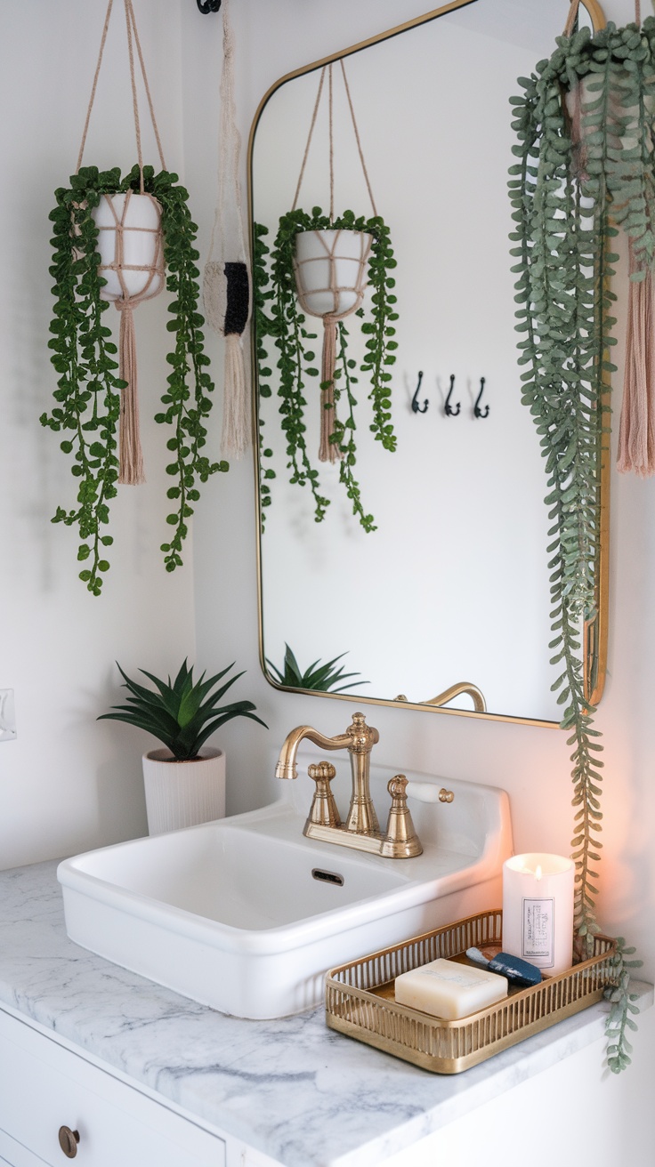 Indoor bathroom setup featuring hanging plants around a mirror, gold accents, and a marble countertop.