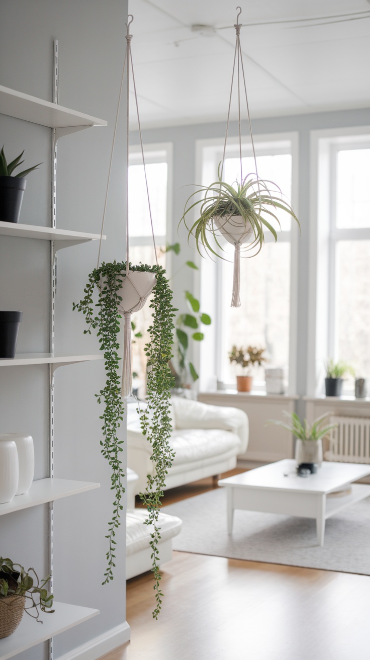 Two hanging plants in a Scandinavian interior with light colors and a bright atmosphere.