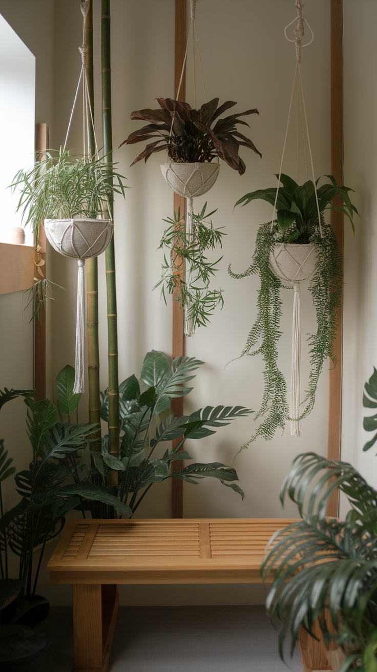 Zen meditation room with hanging plants and a wooden bench