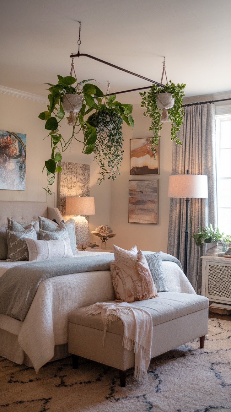 A cozy bedroom with hanging plants above the bed, featuring various green plants in decorative pots.