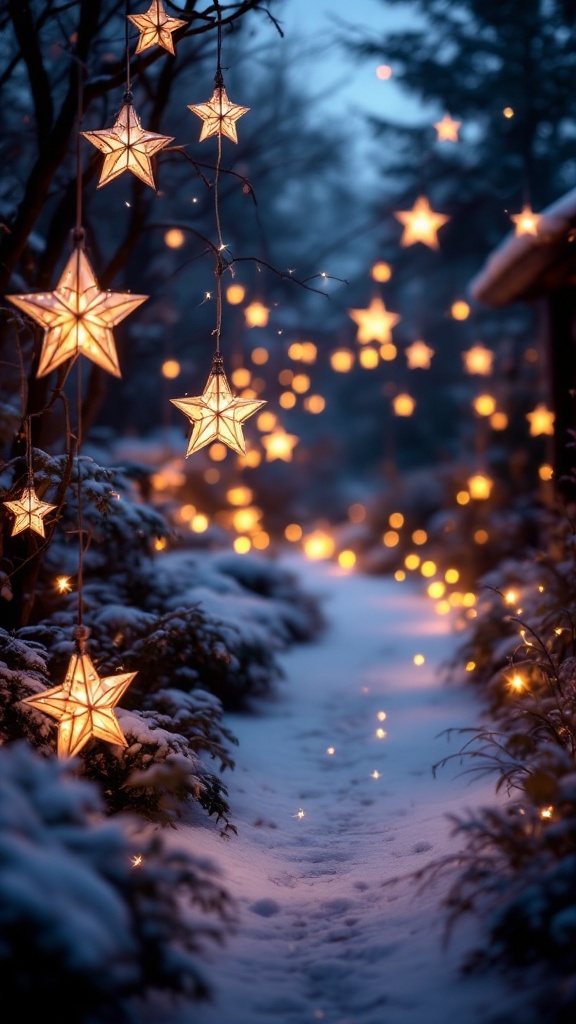 A beautiful winter scene featuring hanging star lanterns illuminating a snow-covered path.