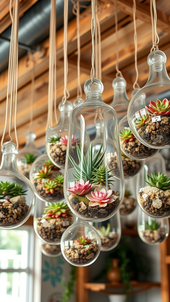 A collection of hanging glass terrariums filled with colorful succulents.