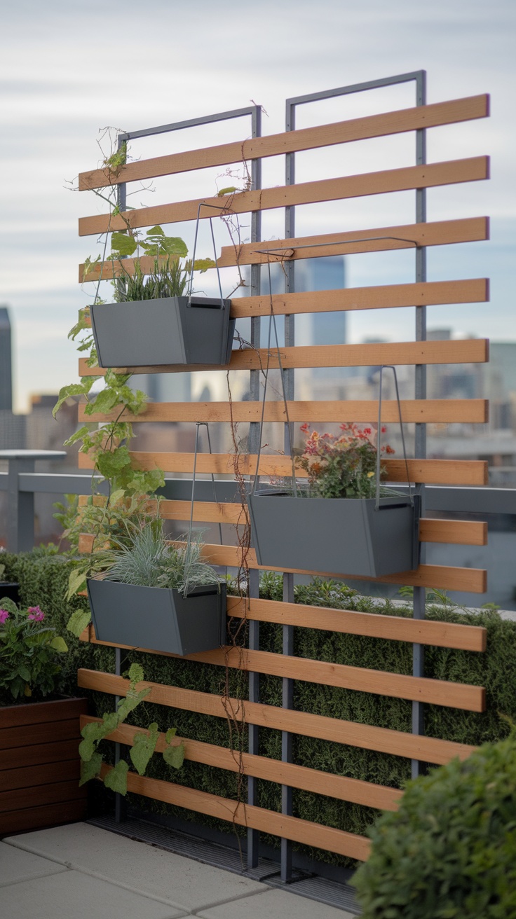 A modern garden trellis with hanging vertical planters, showcasing various plants