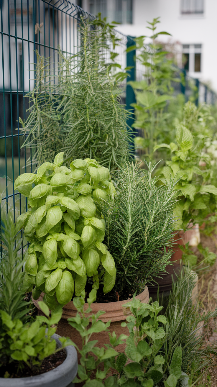 A vibrant herb garden featuring basil, rosemary, and mint in pots along a fence.