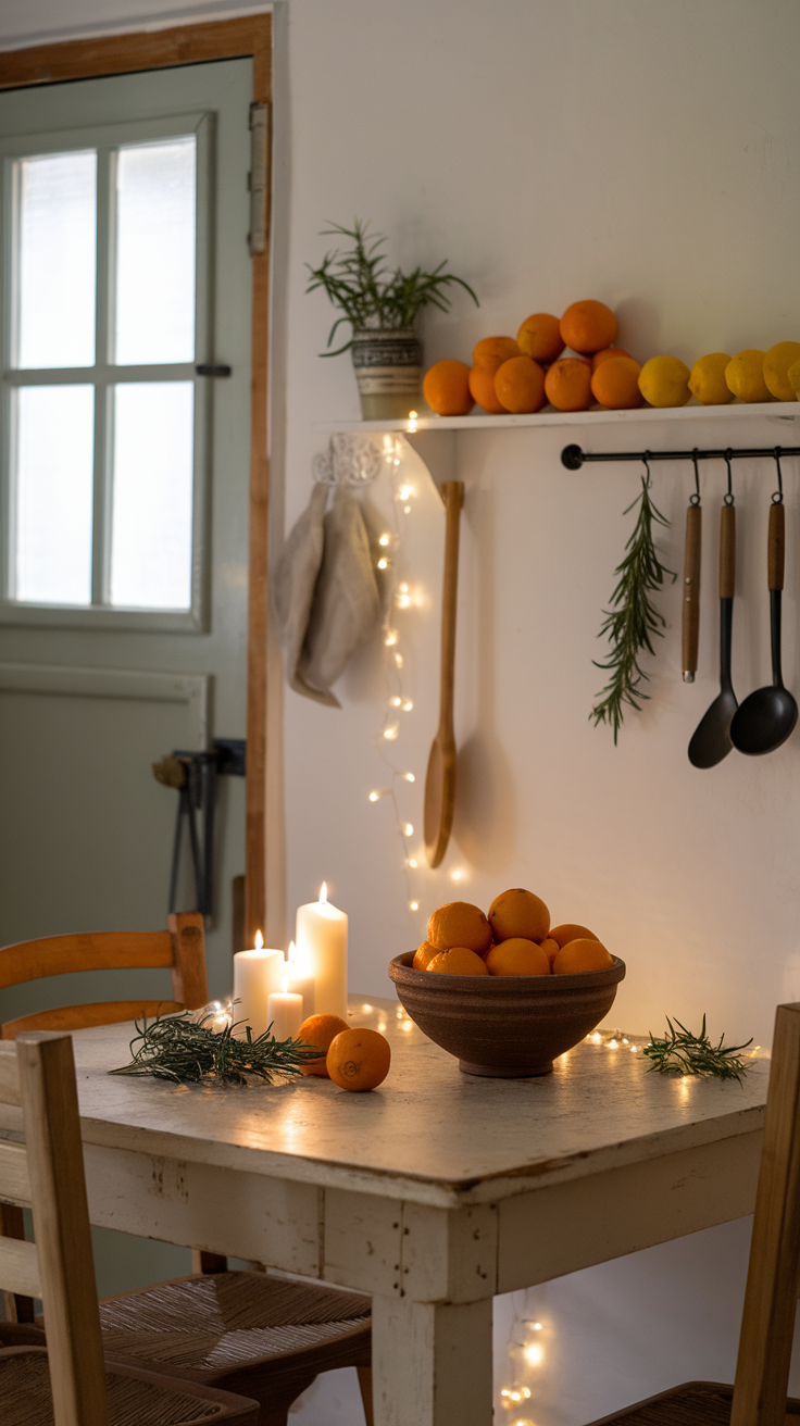 A cozy kitchen scene with oranges, candles, and rosemary on a wooden table.