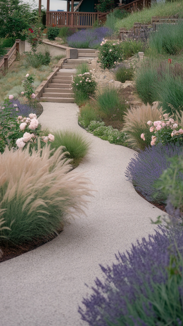 A winding pathway through a hillside garden, surrounded by various flowers and grasses.