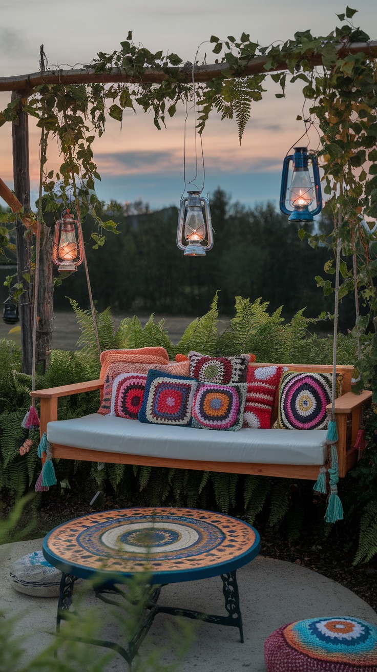 A cozy hippie garden swing lounge with colorful pillows, hanging lanterns, and a decorative table surrounded by greenery.