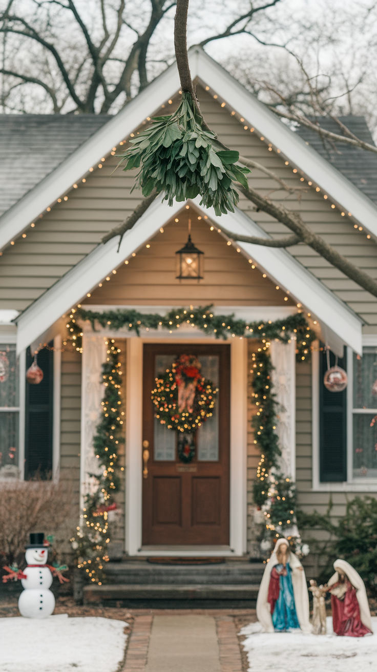 A cozy house decorated for the holidays with mistletoe and lights.