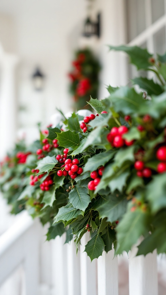 Close-up of holly leaves and red berries as outdoor decor.