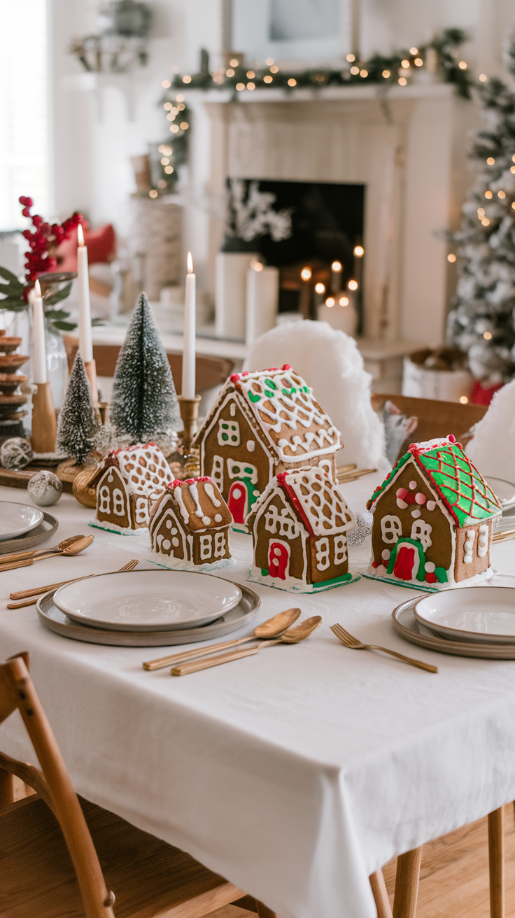 A beautifully set table featuring homemade gingerbread houses as the centerpiece, surrounded by festive decorations.