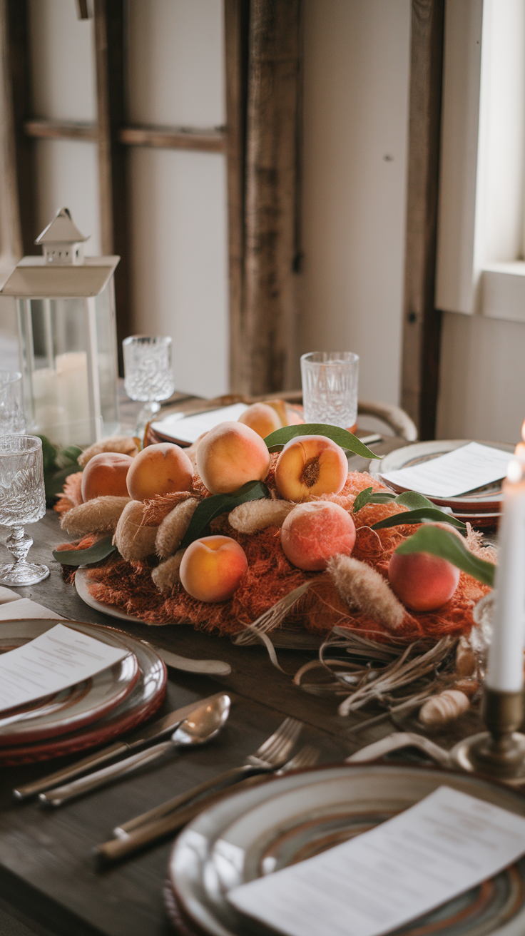 A beautifully arranged centerpiece featuring peaches on a rustic table.