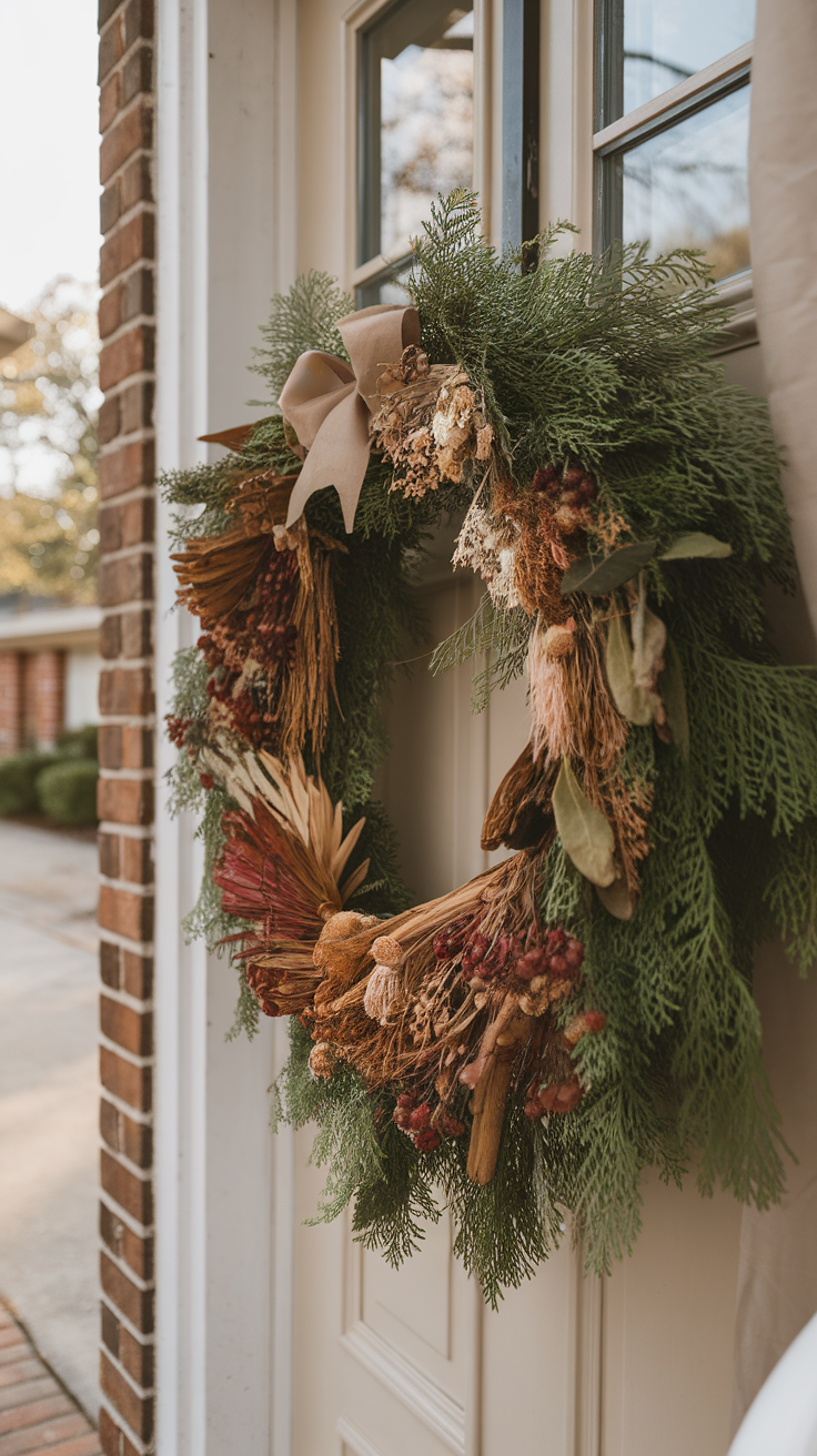 A beautiful homemade wreath made of seasonal foliage and dried flowers, hanging on a door