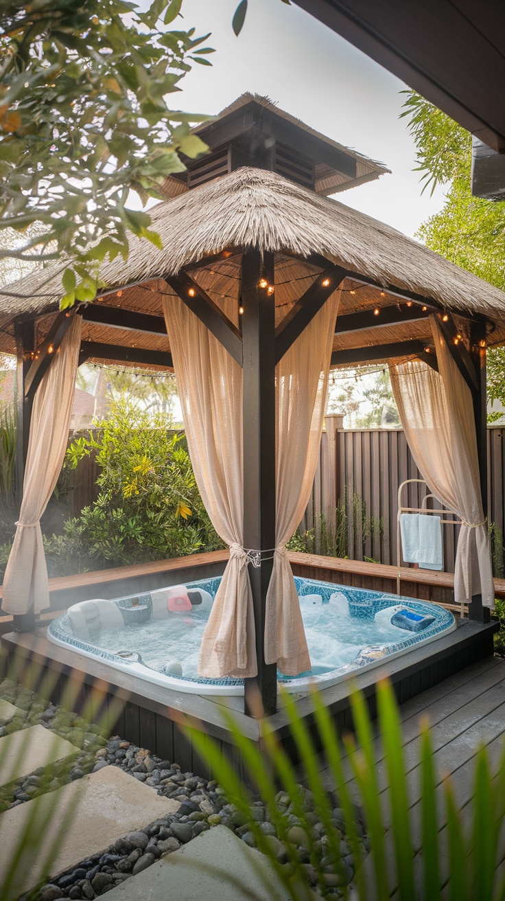 A cozy gazebo sheltering a hot tub with curtains and warm lighting