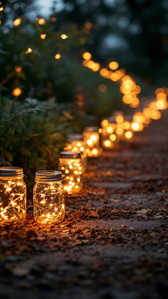 A path lined with illuminated mason jar lanterns on a gravel surface, surrounded by greenery.