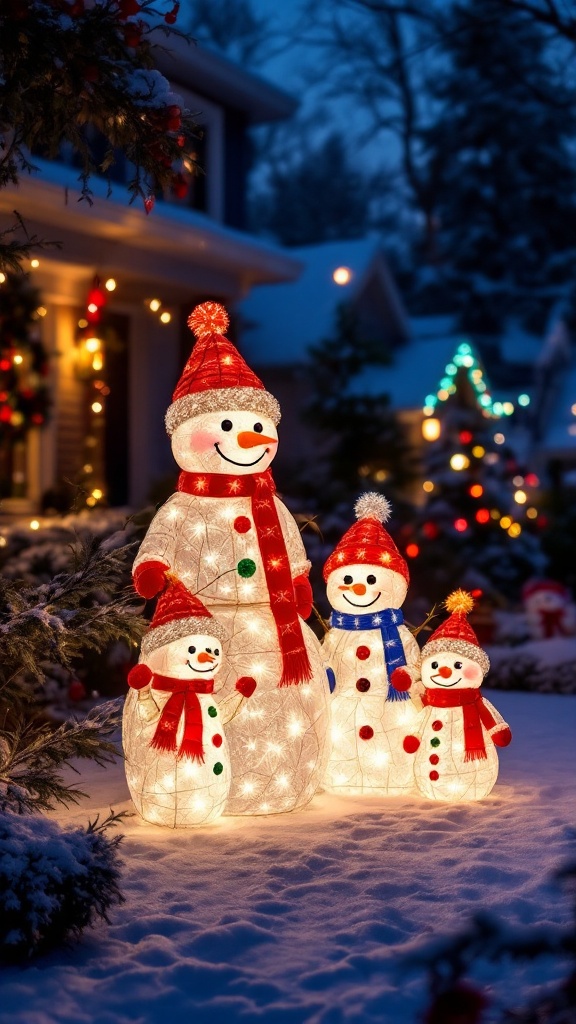 A cheerful family of illuminated snowmen in a snowy yard, surrounded by festive decorations.