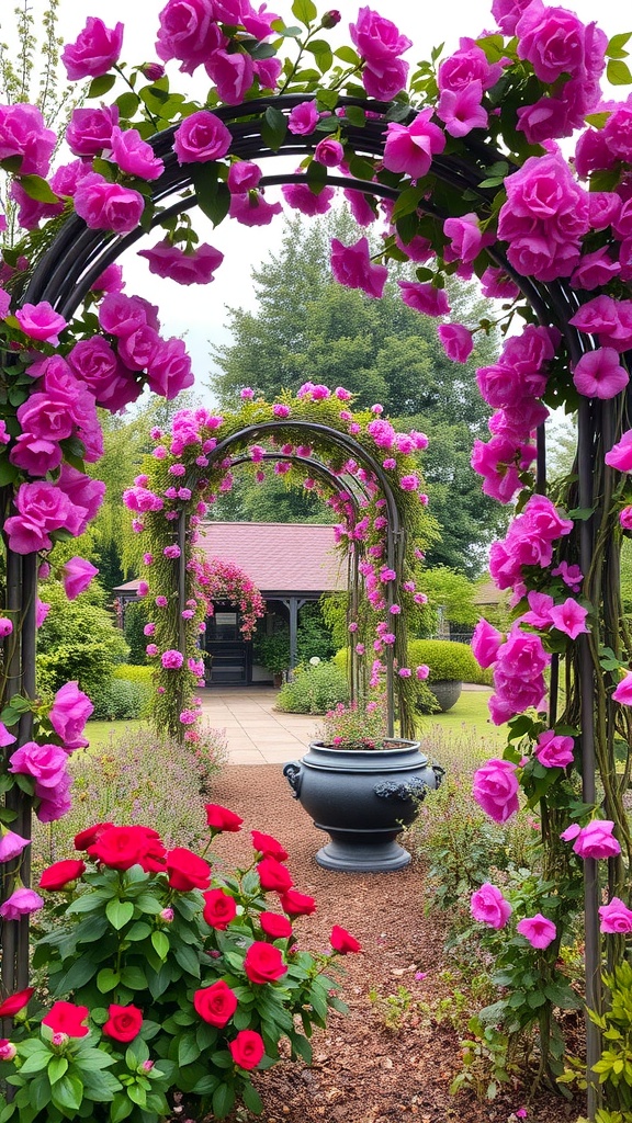 Beautiful garden with pink flowers on arches and vibrant red roses