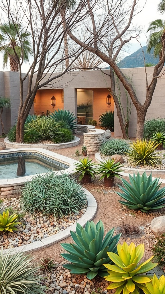 A Mediterranean-inspired garden featuring various drought-resistant plants, a water feature, and decorative rocks.