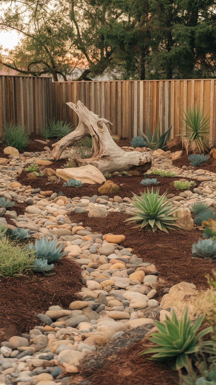 A natural garden featuring river rocks, succulents, and a piece of driftwood.