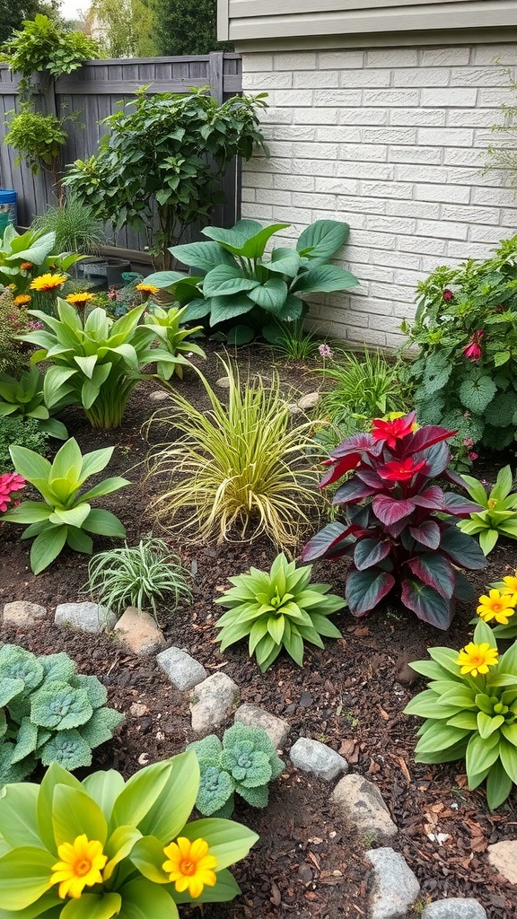 A lush garden featuring a mix of flowers and edible plants, showcasing the concept of edible landscaping.