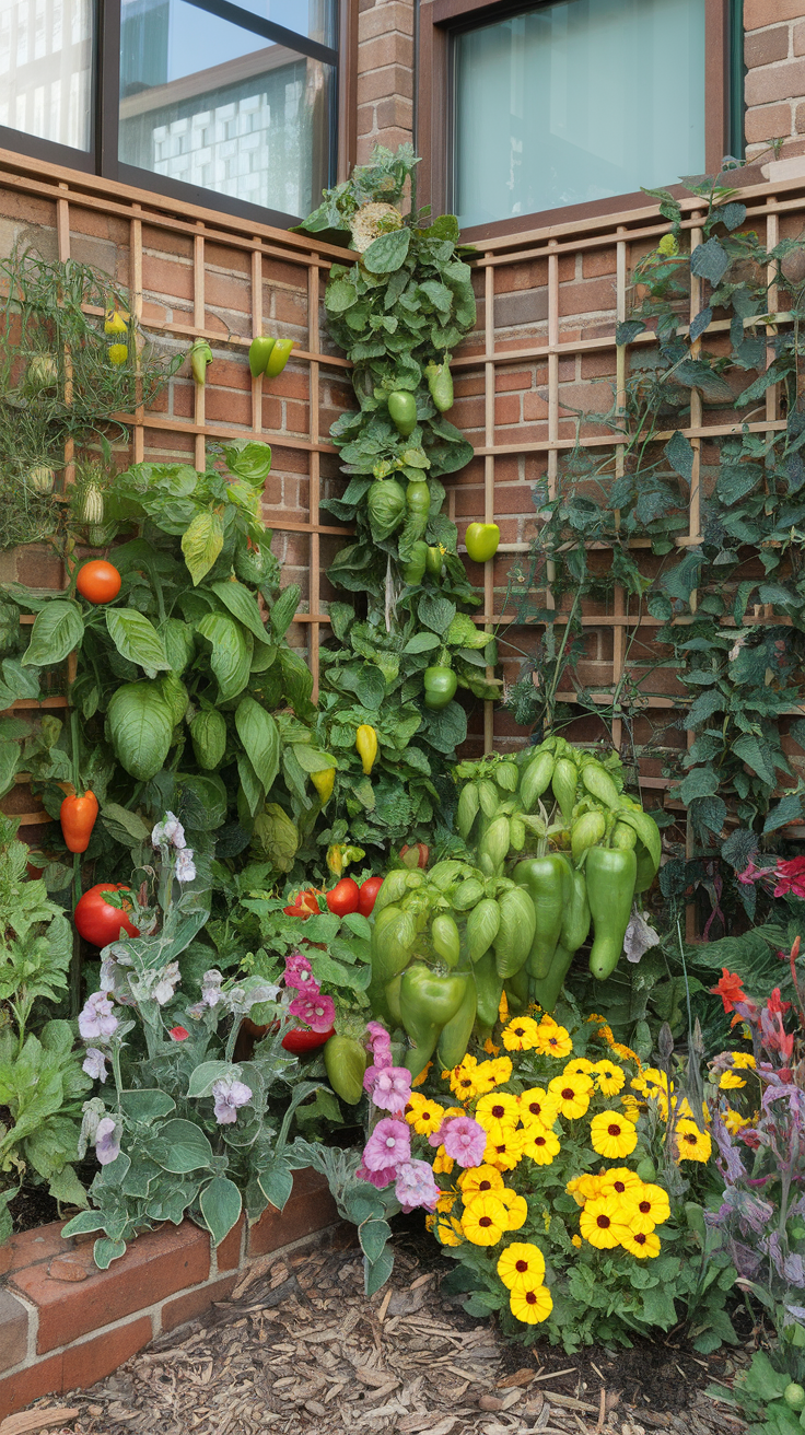 Colorful corner garden with various edible plants and flowers