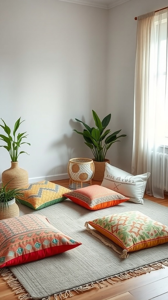 A cozy boho bedroom with colorful floor cushions and plants.