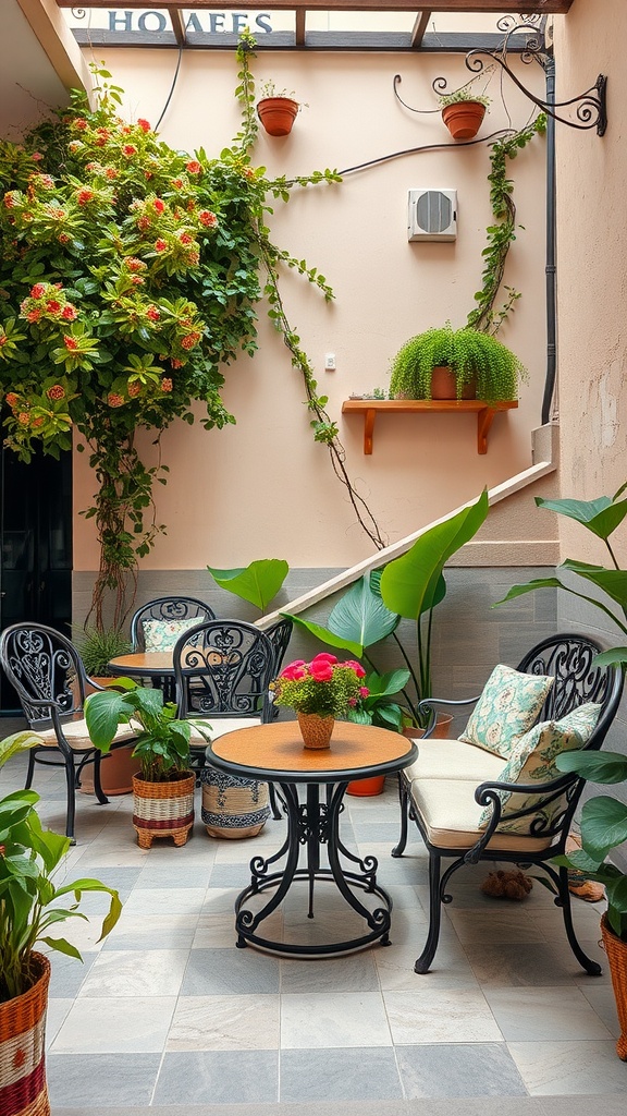 Mediterranean-style seating area with plants and decorative elements