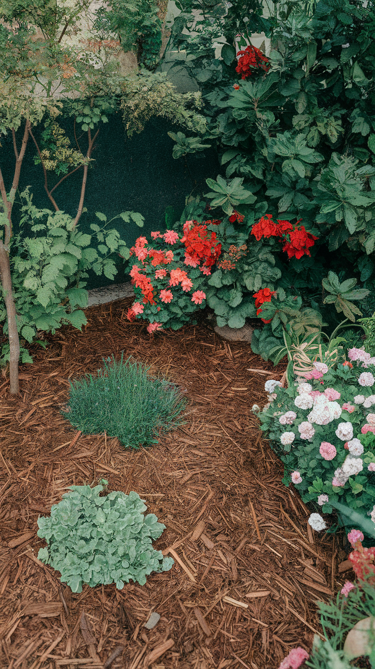 A corner garden featuring colorful flowers and fresh mulch