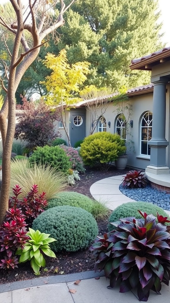 A beautifully landscaped garden with various plants showing seasonal colors and textures.