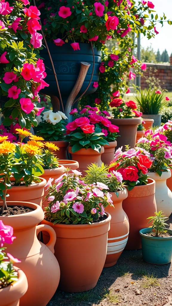 Colorful terracotta pots filled with blooming flowers in a garden setting.