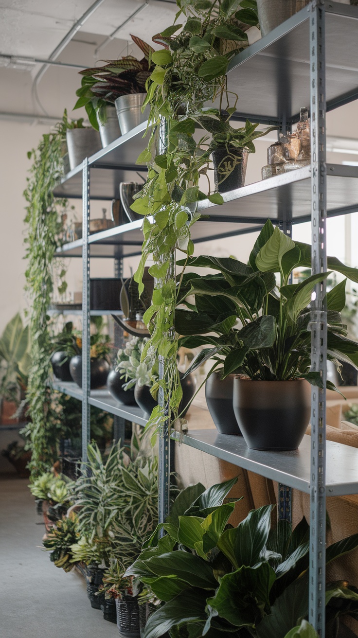 Industrial style shelves filled with various houseplants in different pots, showcasing a green living room setup.