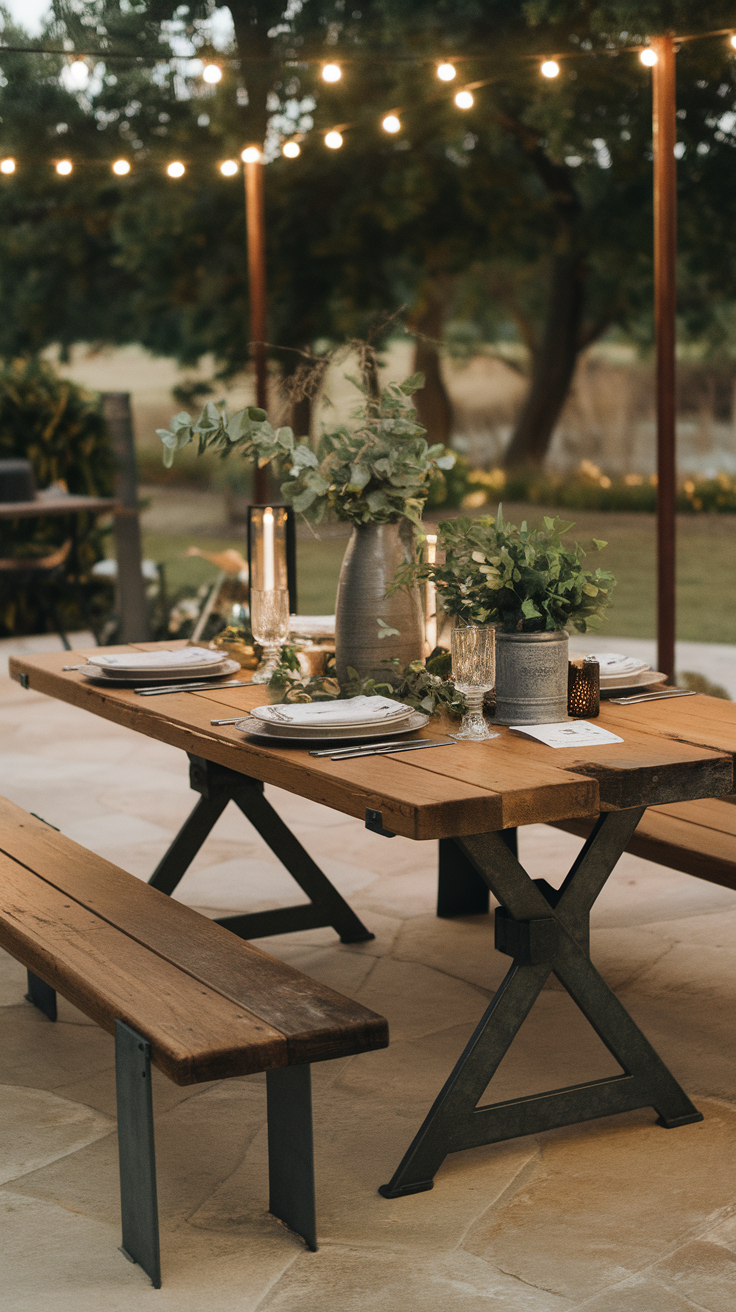 A rustic patio table made of wood and metal, set for dining with candles and plants.