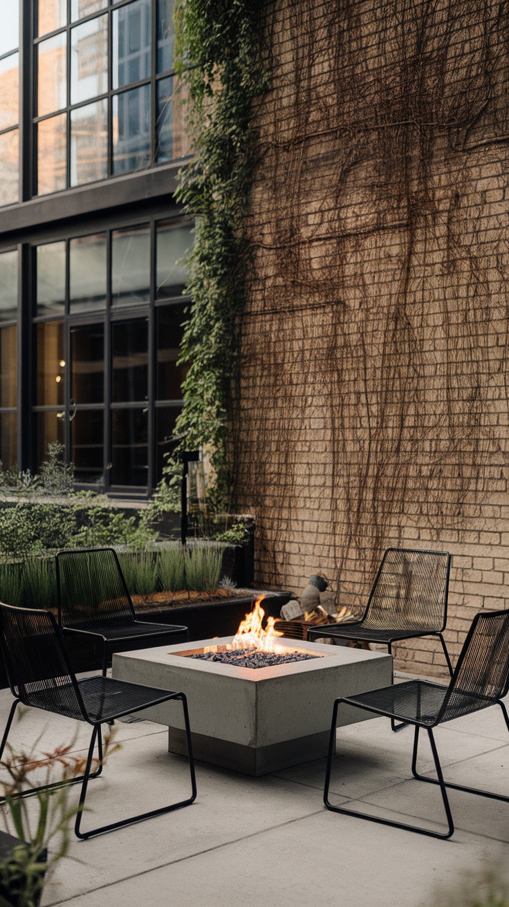 Industrial loft-style patio with fire pit and wire chairs