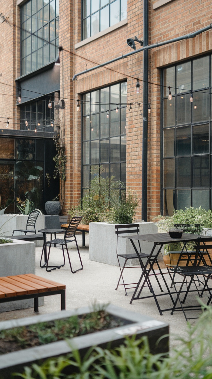 Chic industrial-style backyard patio with concrete furniture and string lights.