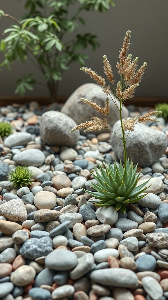 A pebble garden featuring various sizes of stones and plants for texture.