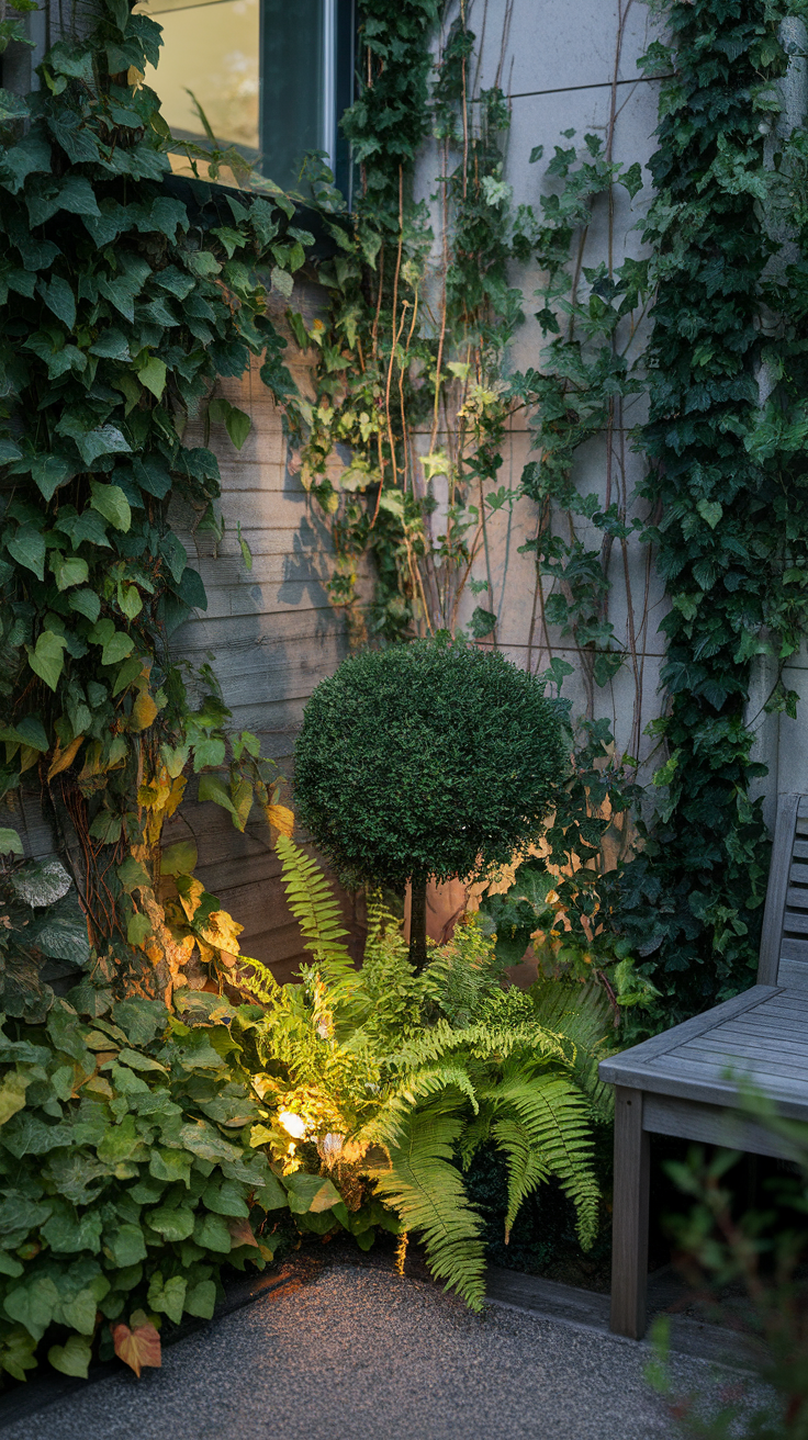 A beautifully lit corner garden featuring lush greenery and a topiary plant.