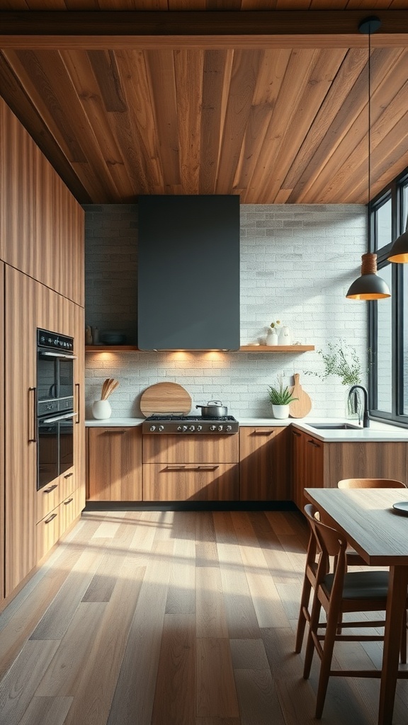 A modern kitchen featuring wooden cabinetry and a wooden ceiling.