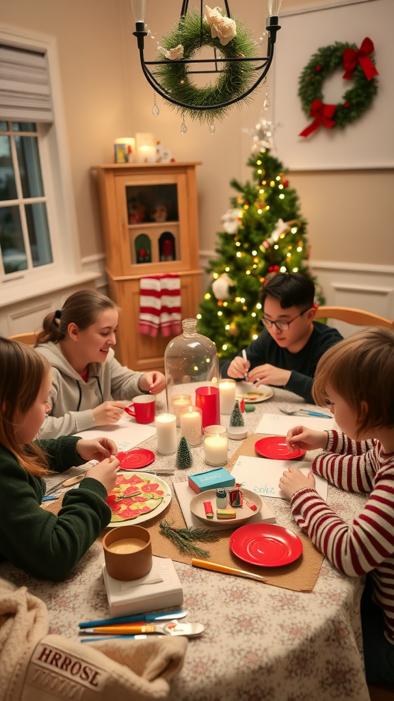 A family gathered around a table, engaged in craft activities with Christmas decorations in the background.