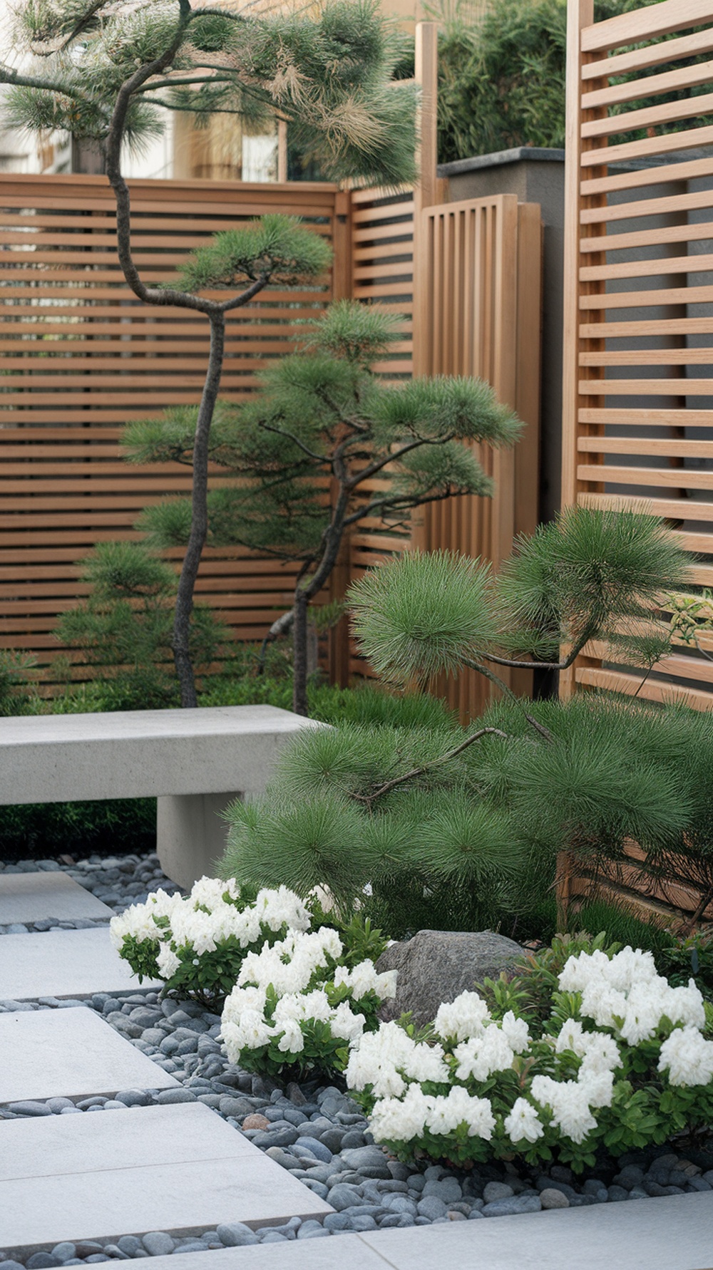 A serene Japandi-inspired front entry featuring pine trees, white flowers, and a stone pathway.