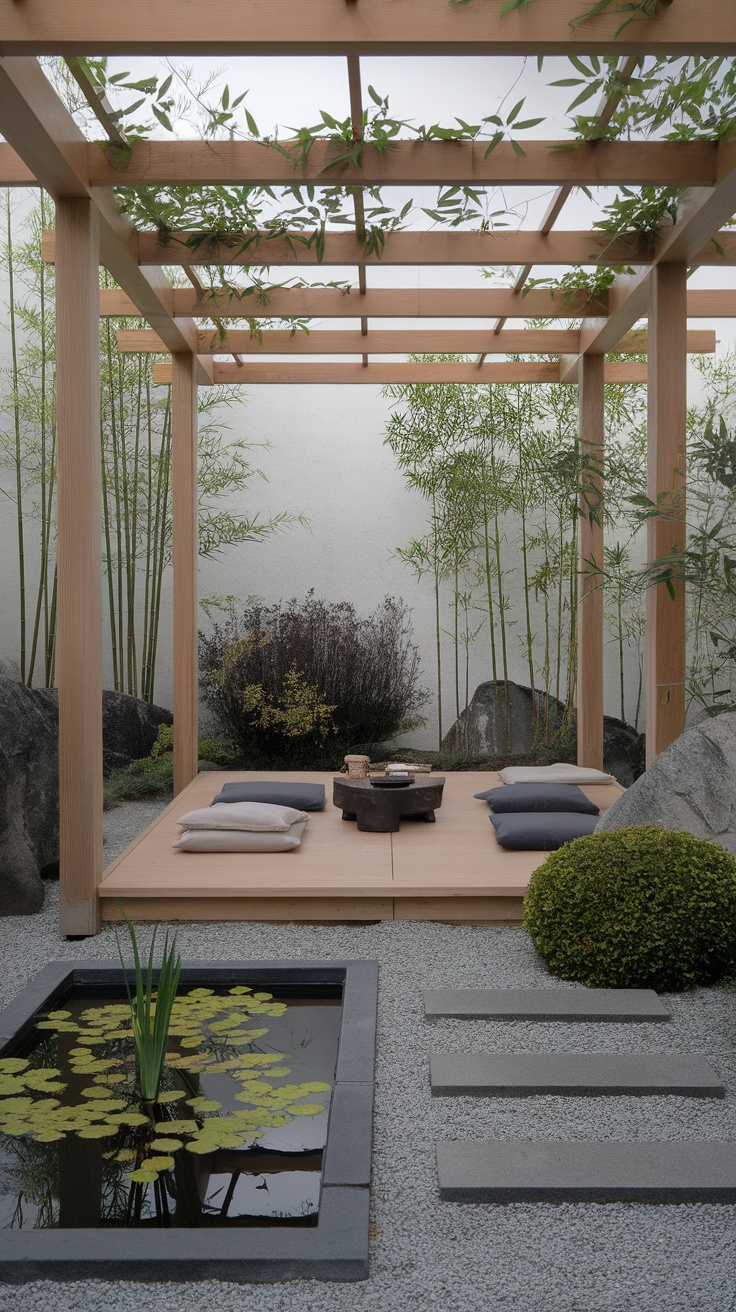 A Japanese-inspired Zen pergola surrounded by bamboo and greenery, featuring a wooden deck with cushions and a small water feature.