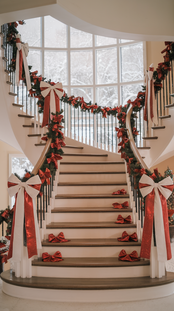 Festively decorated staircase with red and white ribbons and bows