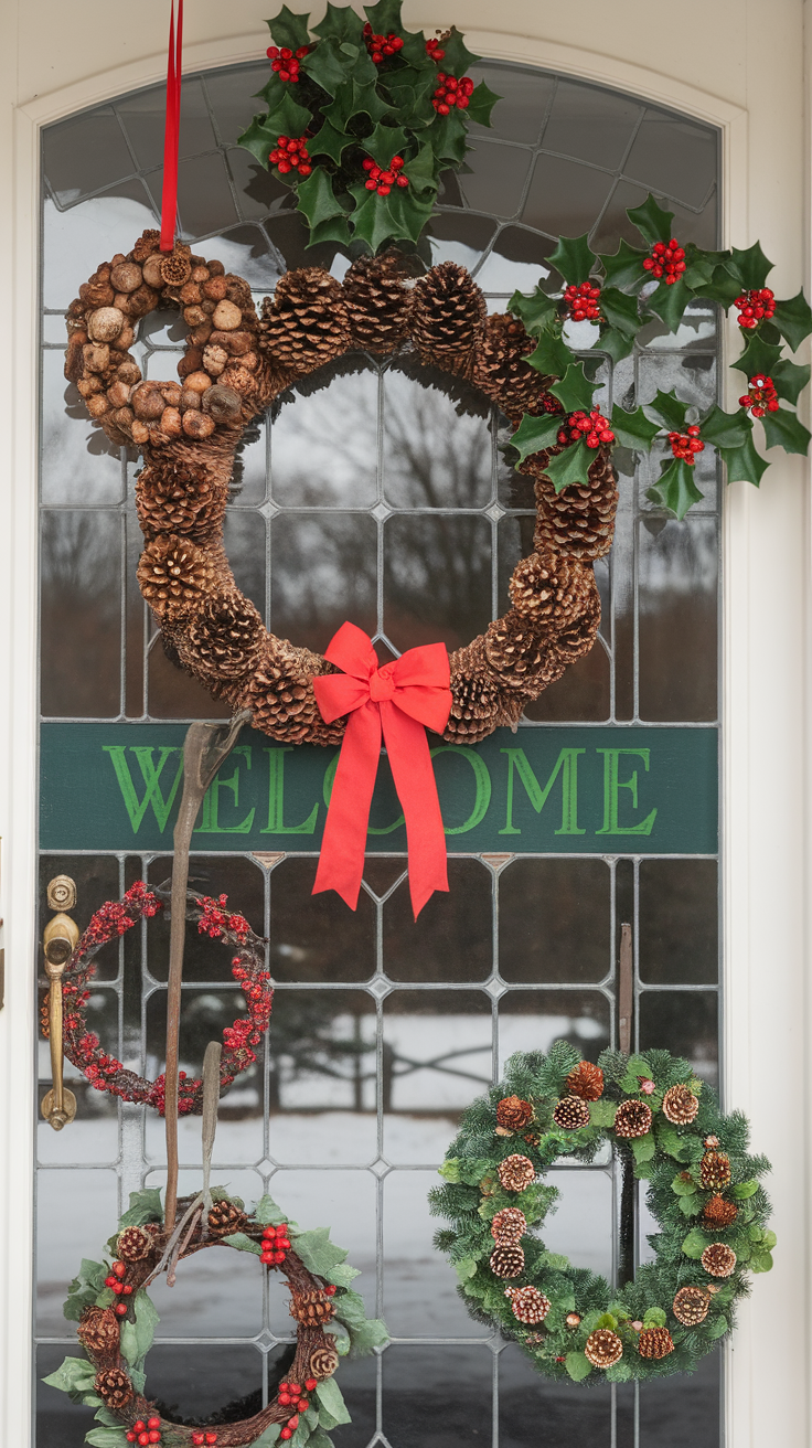 A variety of Christmas wreaths displayed on a door, featuring pinecones and holly.