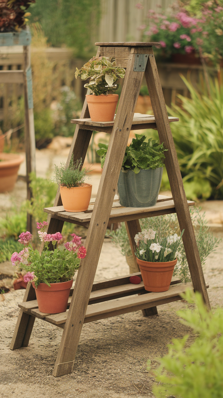 A wooden ladder displaying different potted flowers and herbs in a garden.