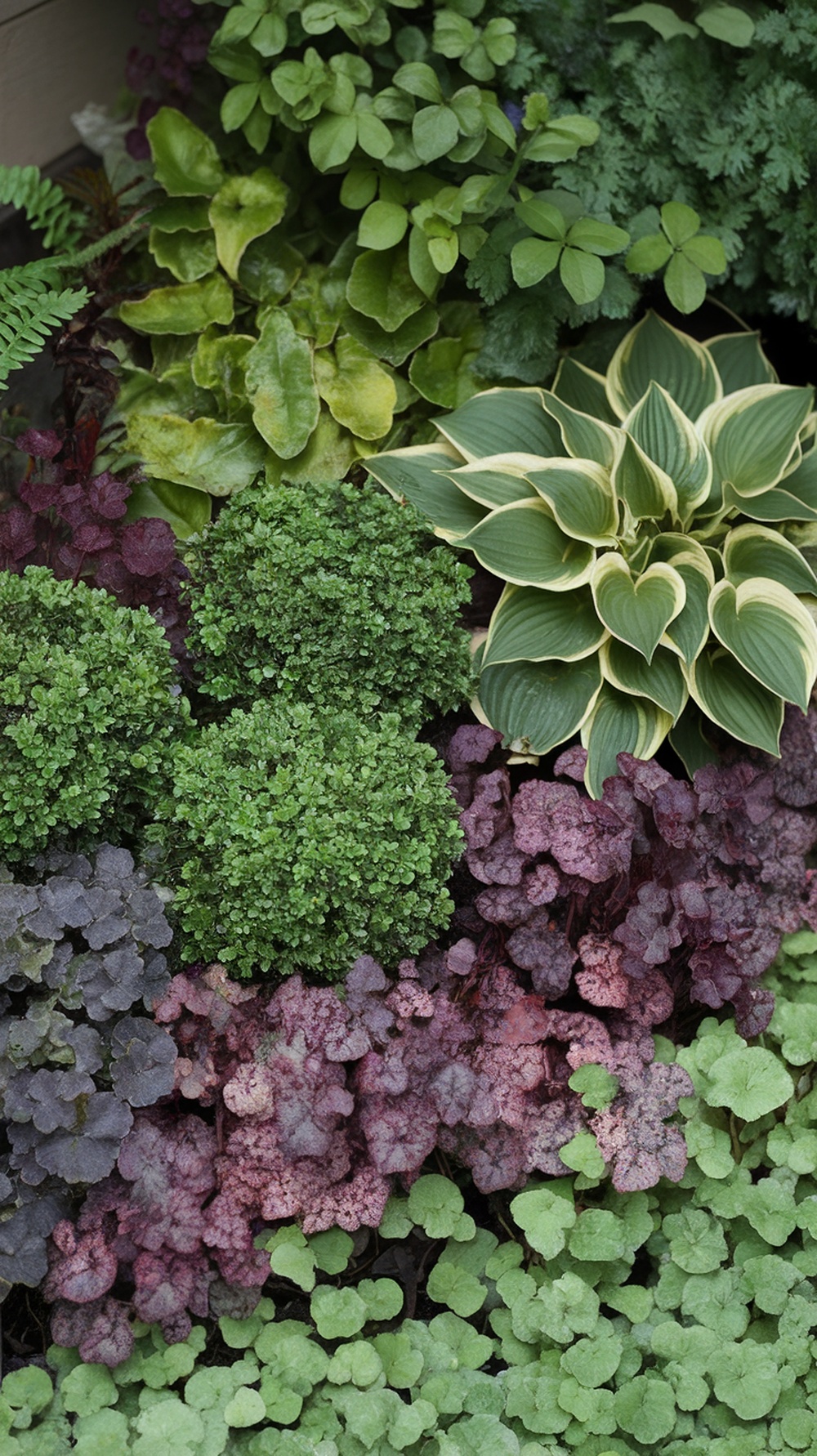 A variety of lush green plants in layered textures, including boxwood, ferns, and hostas.
