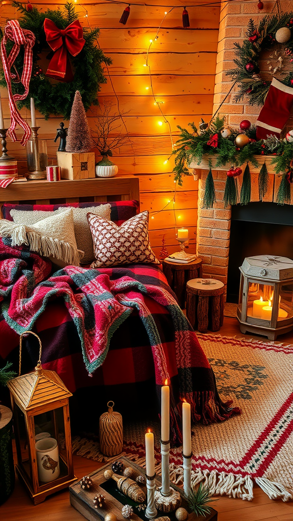 A cozy room with layered textures featuring a plaid blanket, decorative pillows, and warm lighting.