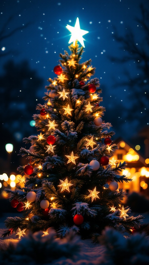 A beautifully decorated Christmas tree with an LED star topper, surrounded by snow and twinkling lights.