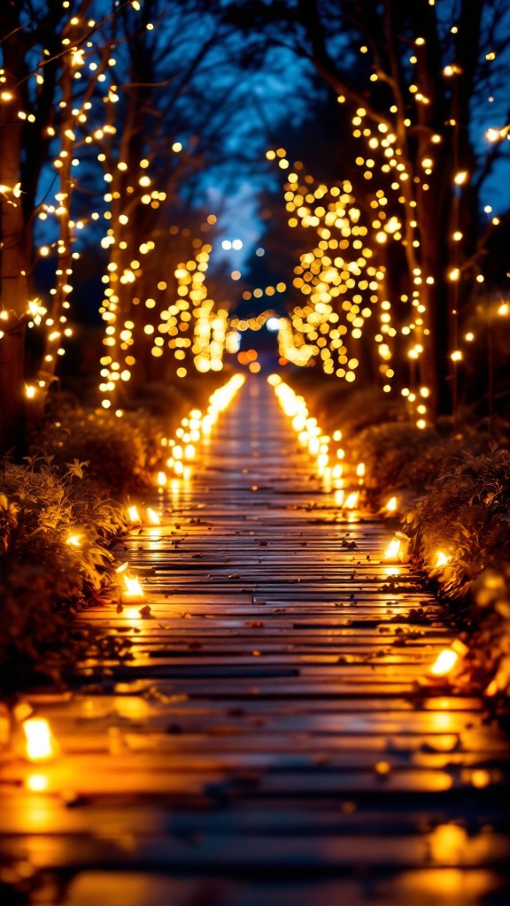 A beautifully lit pathway adorned with warm Christmas lights on either side, leading through a serene setting.